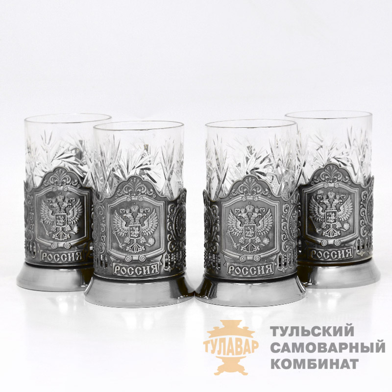 «Герб России» подстаканник со стаканом 4 штуки, никель