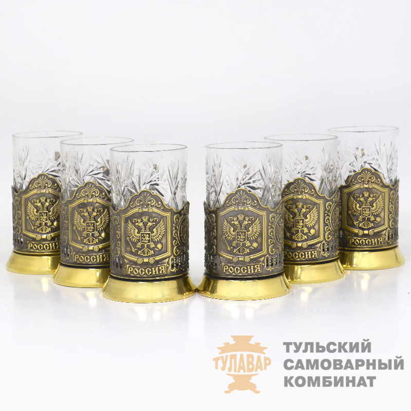 «Герб России» подстаканник со стаканом 6 штук, латунь