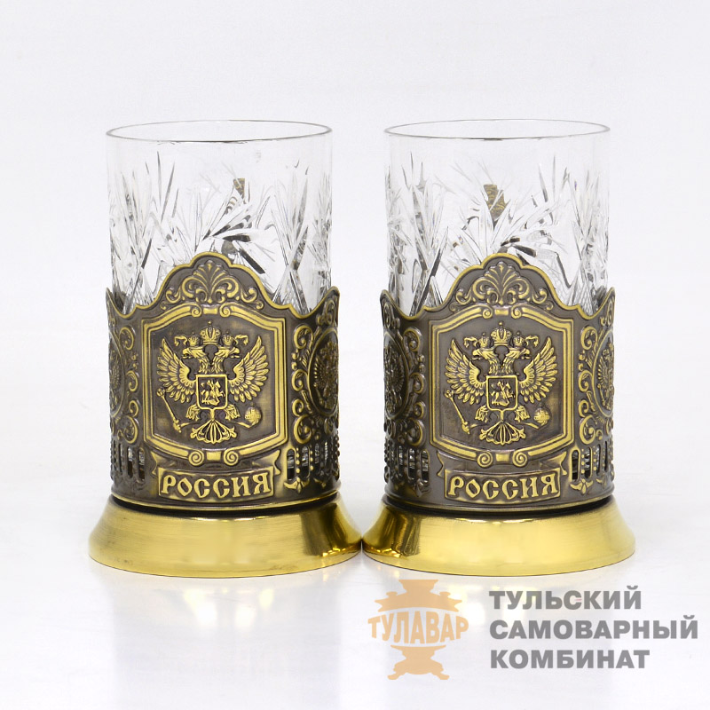 «Герб России» подстаканник со стаканом 2 штуки, латунь
